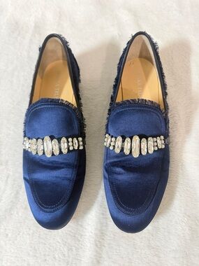 Ivanka Trump Navy Satin Crystal-Embellished Loafers
